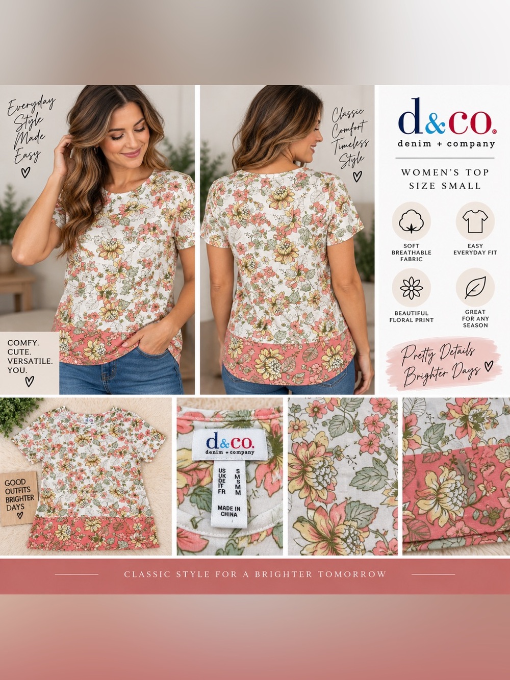 Floral Short-Sleeve Tee in Cream and Coral